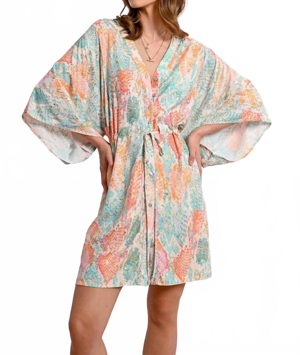 NEW MOLLY BRACKEN women's kimono dress in turquoise jazz gold shimmer